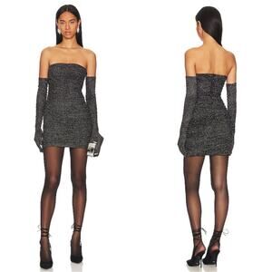 Sau Lee Faye Strapless Ruched Black Metallic Mini Dress with Gloves Size 0